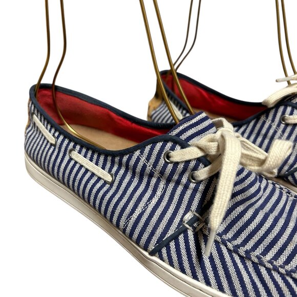 Toms Mens Culver Fabric Boat Shoe Size 9 1/2 Blue Stripe Tie Closed Toe - Picture 6 of 7